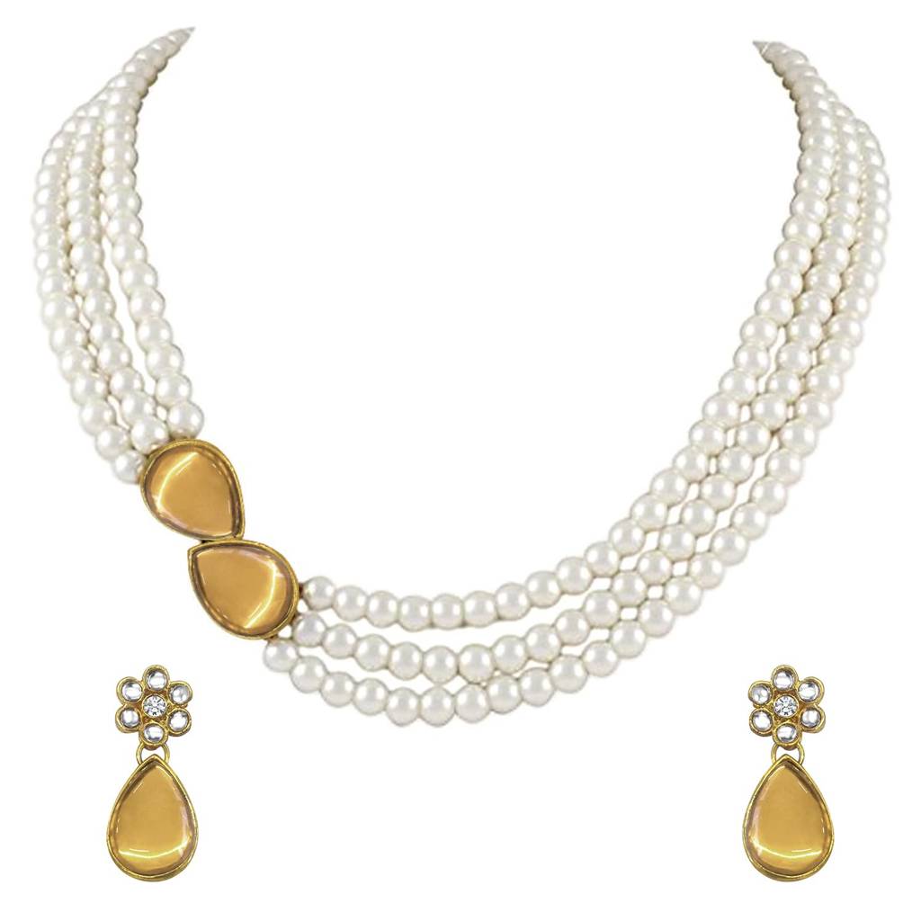 Pearl Mala Necklace & Earrings For Women Girls Traditional Ethnic Jewellery Set-Pf26N1145 : PF26N1145LCT
