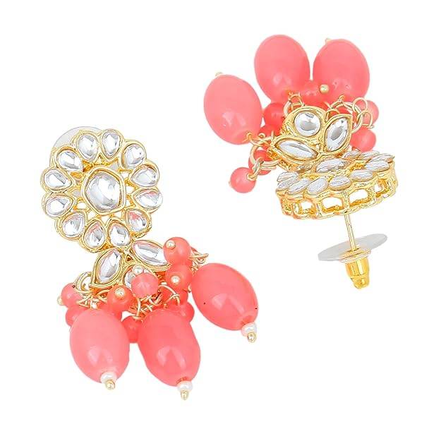 Estele Gold Plated Flower Designer Gehena Drop Earrings With Mint Pink Beads For Women : PJ-003-IGMPER