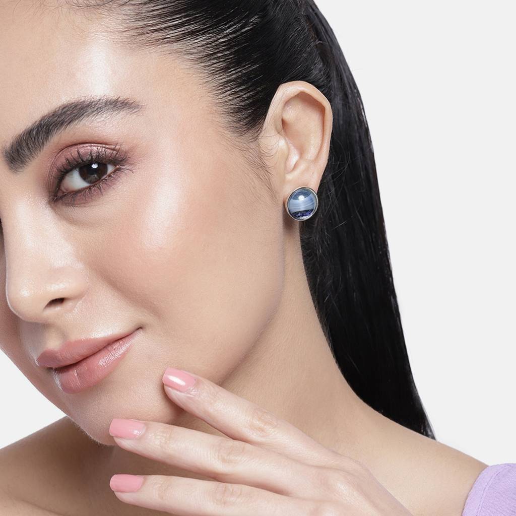 Estele Rhodium Plated Blue Colour Round Stud Earrings : 348702ER