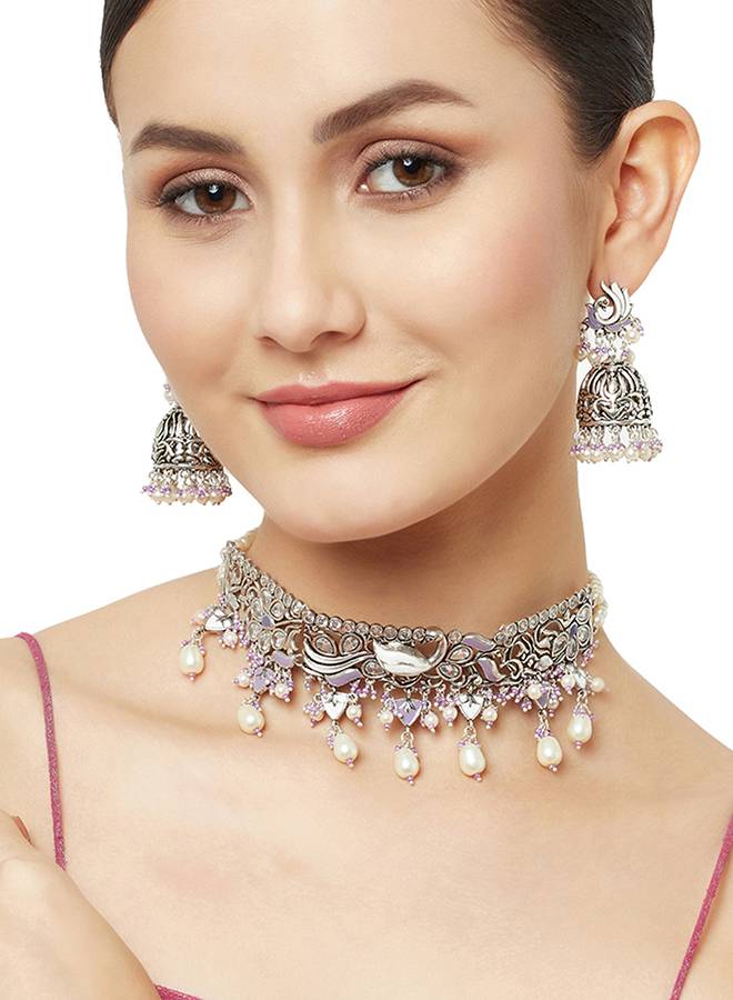 Filigree Design Silver Toned Round Faux Pearls Jewellery Set : 8905124444728
