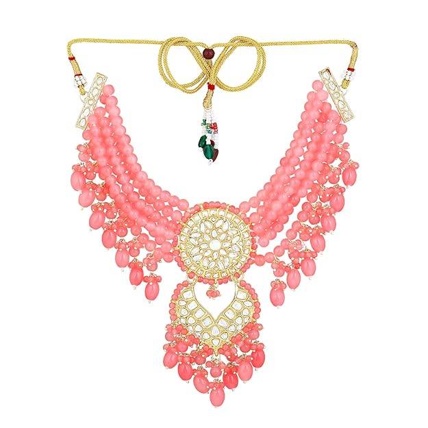 Estele Gold Plated Enchanting Gehena Necklace Set With Mint Pink Beads For Women : PJ-048-IGMPNKER