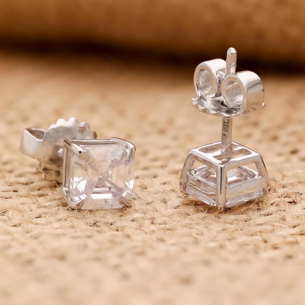 925 Silver Square Cz Stud Earrings | Minimalist Sparkle Gift For Mother Or Grandmother : SE_000720