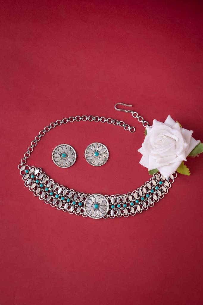 Mizoya Flower Motif Turquoise Jadau Choker Set : SN4060
