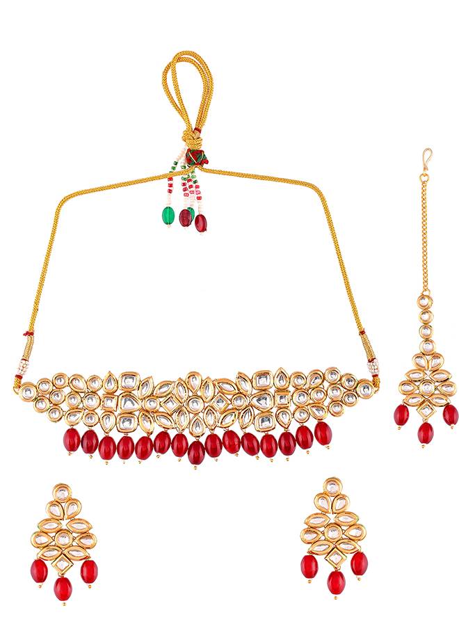 Kundan Elegance Red Beads And Faux Kundan Opulent Maang Tika Set : 8905124504170