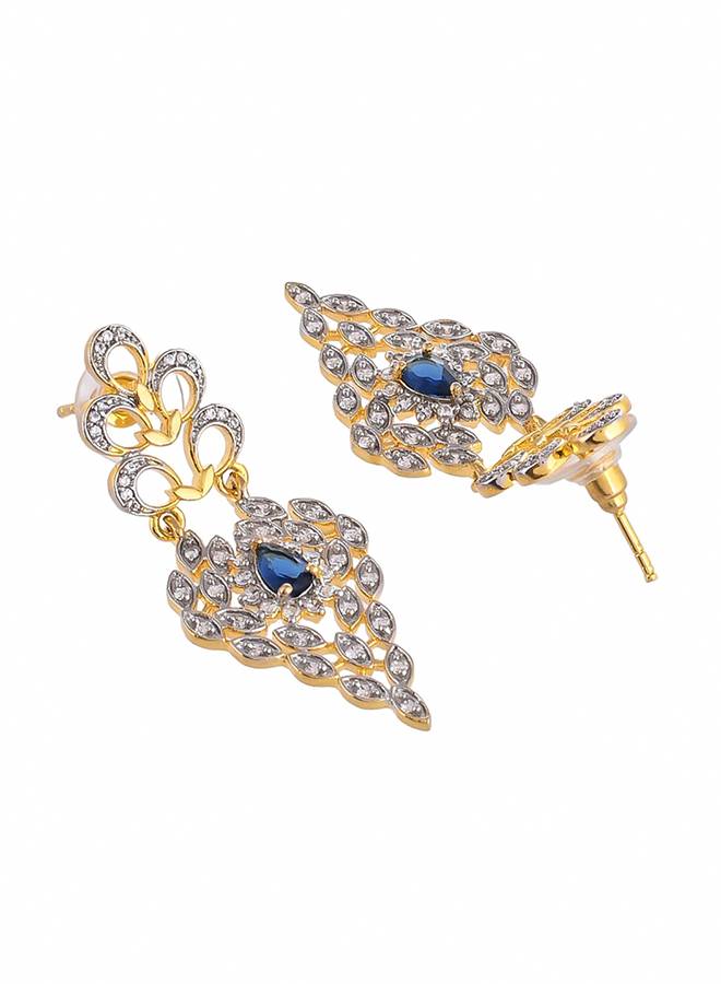 Peacock Royal Blue And White Cz Cutwork Design Waterfall Jewellery Set : 8905124514742