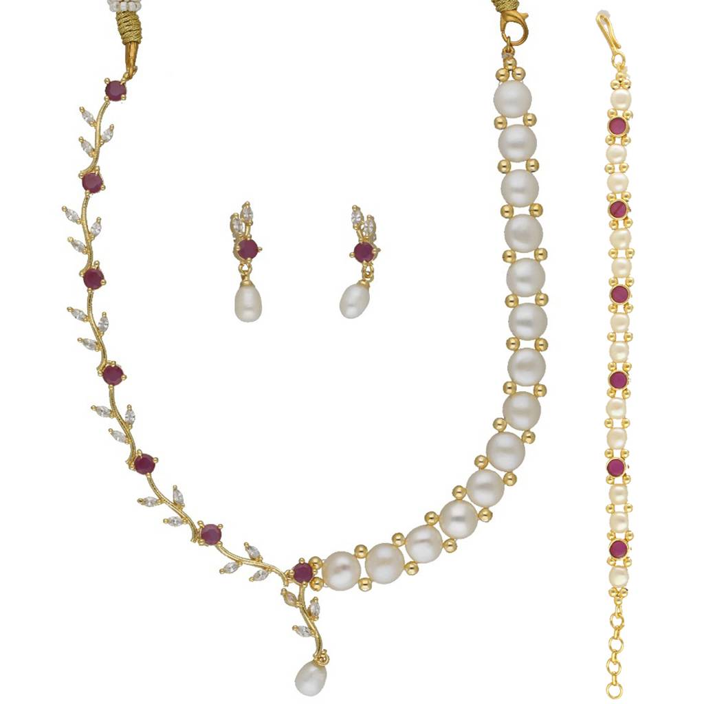 Royal Glint Pearl Necklace Set With Bracelet : JPAUG-25-139