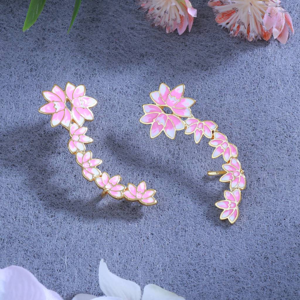Estele Gold Plated Pink Enamel Lotus Designer Stylish Cuff Earrings For Girl'S & Women : 799704-IGER