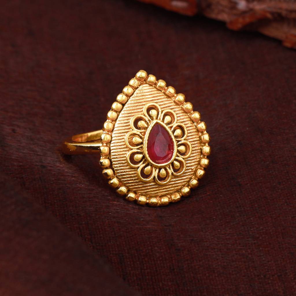 Estele Gold Plated Drop Designer Matte Finish Finger Ring With Ruby Crystals For Women : AD-146-IGRBRING