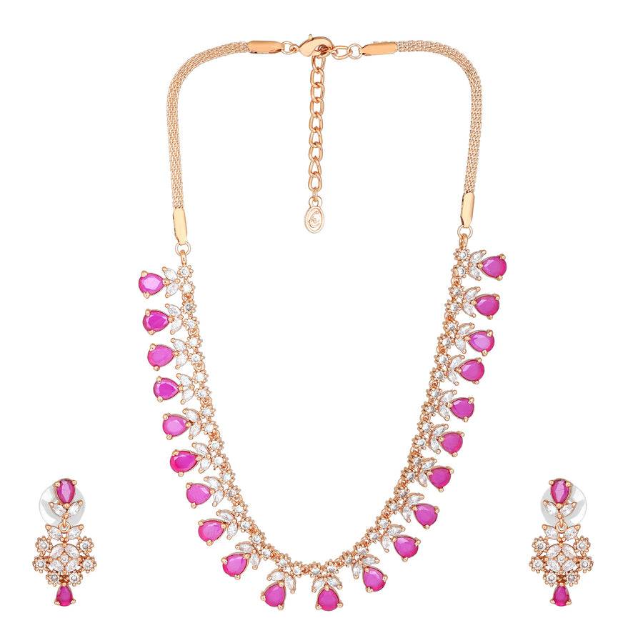 Estele Rose Gold Plated Cz Sparkling Necklace Set With Ruby & White Crystals For Women : AD-708-RG-RBNKER