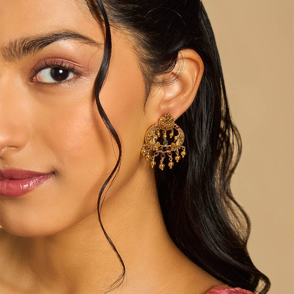 Kushal'S Fashion Jewellery Ruby-Green Oxidised Gold-Plated Ethnic 92.5 Pure Silver Temple Chandbalis-162685 : 421705