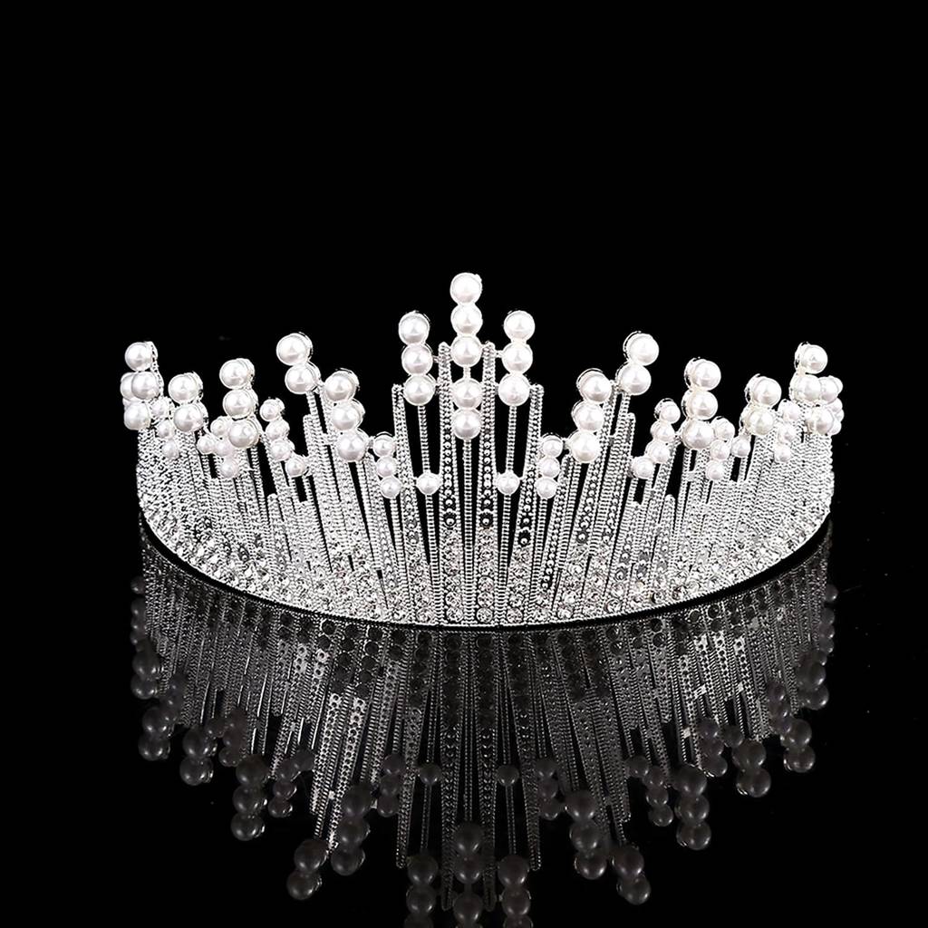Silver Plated Cubic Zirconia & Pearl Studded Princess Tiara Crown For Girls & Women Birthday Gift Hair Accessories : PX9CW01S