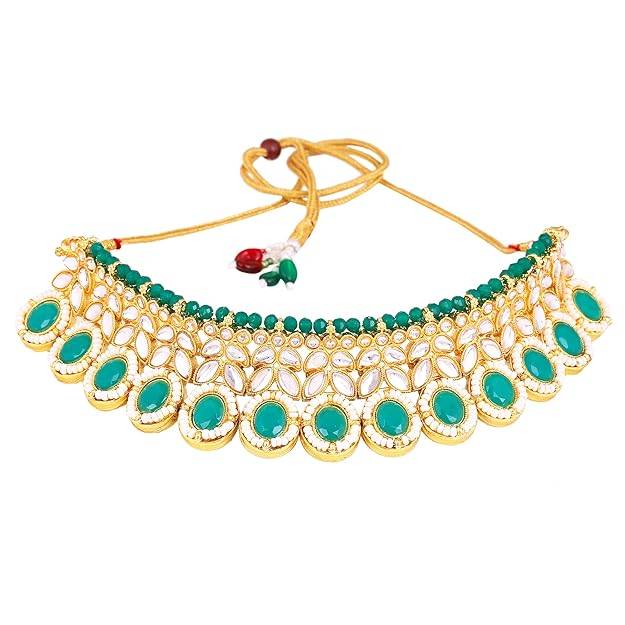 Estele Gold Plated Dazzling Gehena Necklace Set & Maang Tikka With Green Stones For Women : PJ-044-IGGNNKERTK