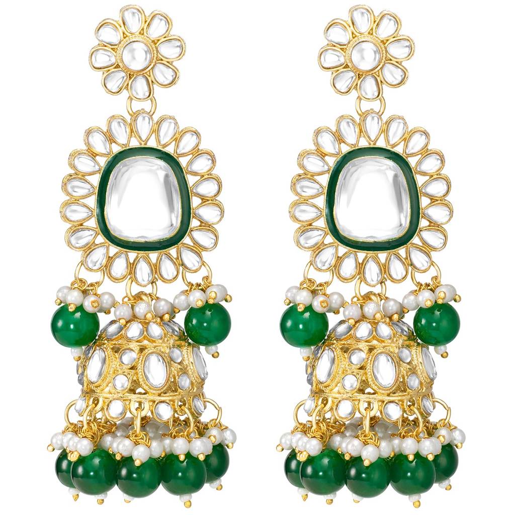 Gold Plated Green Kundan Studded Long Necklace Earrings And Maangtikka Set Ethnic Traditional Jewellery For Women  : PF28N314G