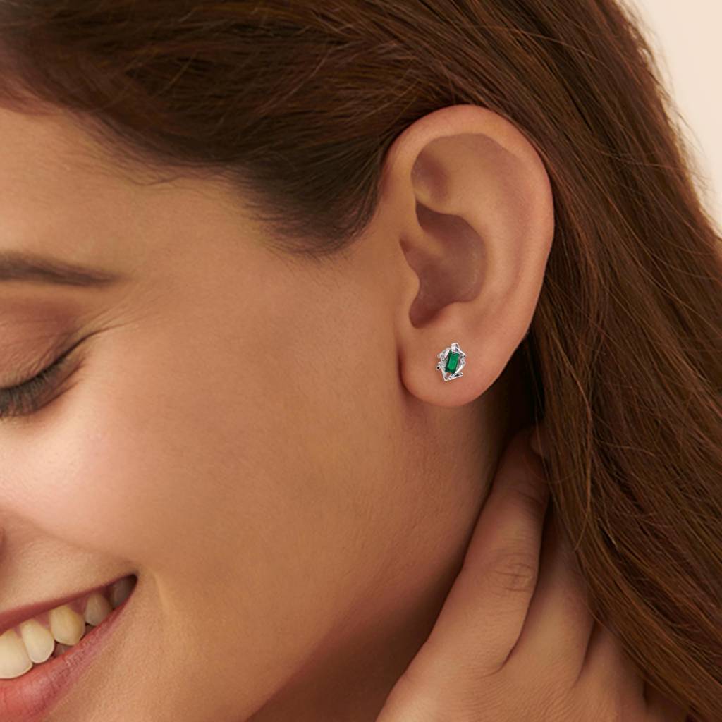 925 Silver Emerald Cut Green Studs | May Birthstone Gift : SE_000778