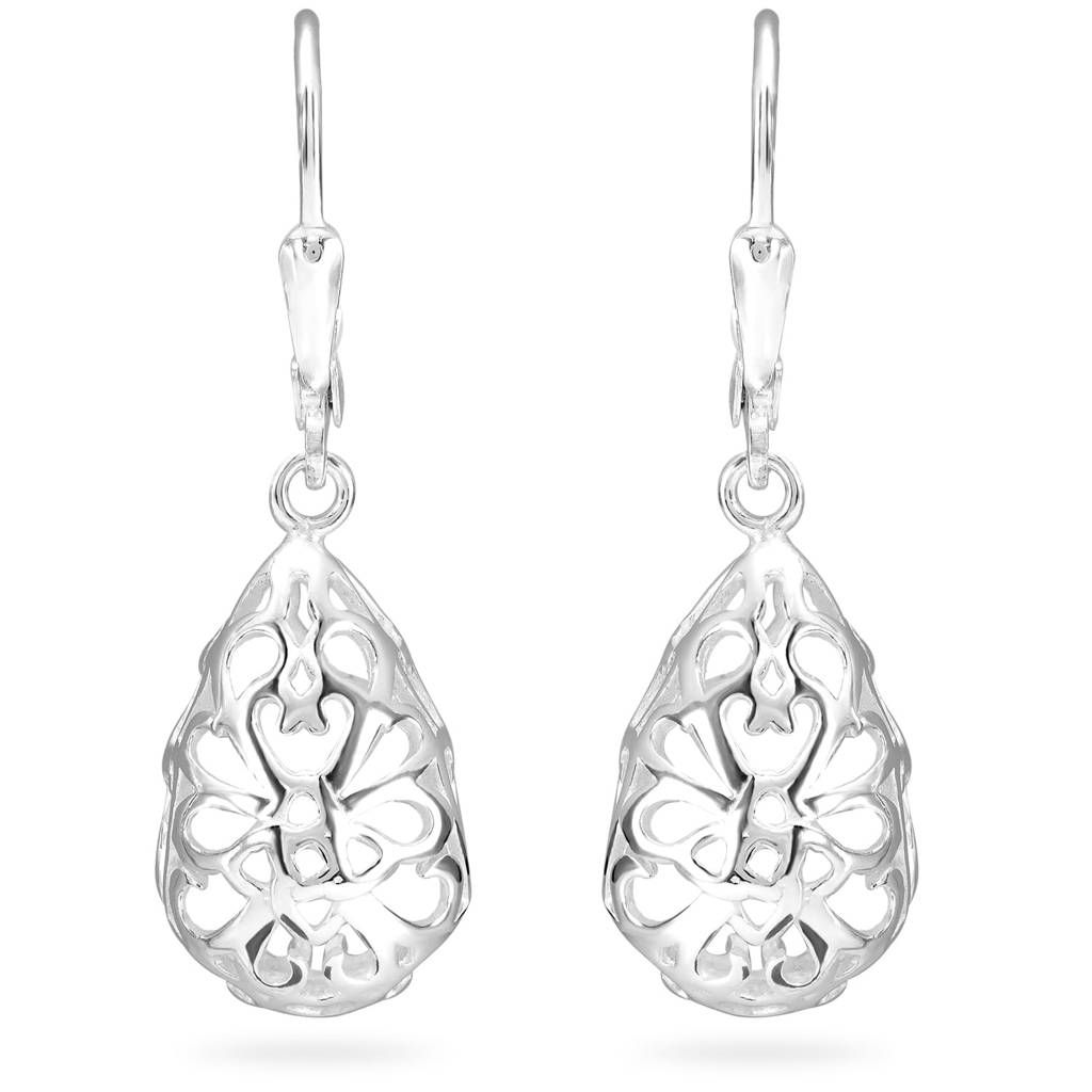 925 Sterling Silver Anti Tarnish Tear-Drop Diamond-Cut Filigree Earrings Jewellery Collections Navratri Gift For Wom : PF17E72