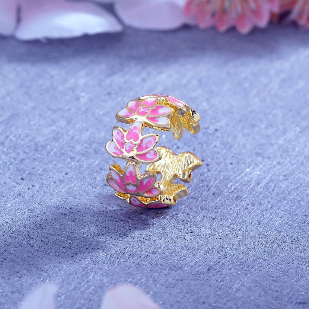 Estele Gold Plated Pink Enamel Lotus Designer Adjustable Finger Ring For Girl'S & Women. : AD-136-IGRING