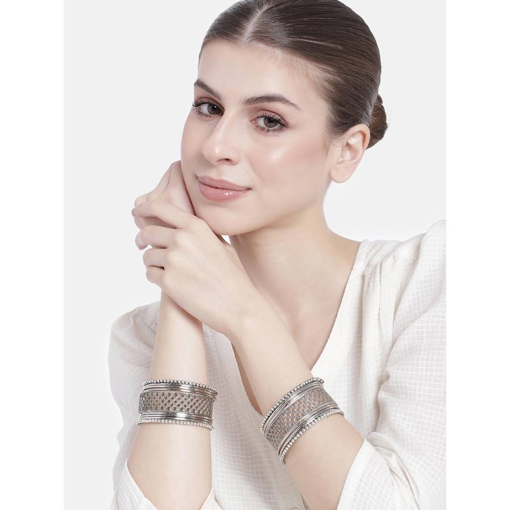 Traditional Silver Plated 2.6 Inch Metal Bangles Ethnic Stylish Fashion Jewellery Navratri Gift For Women (S : PF34B1039S-S1-6