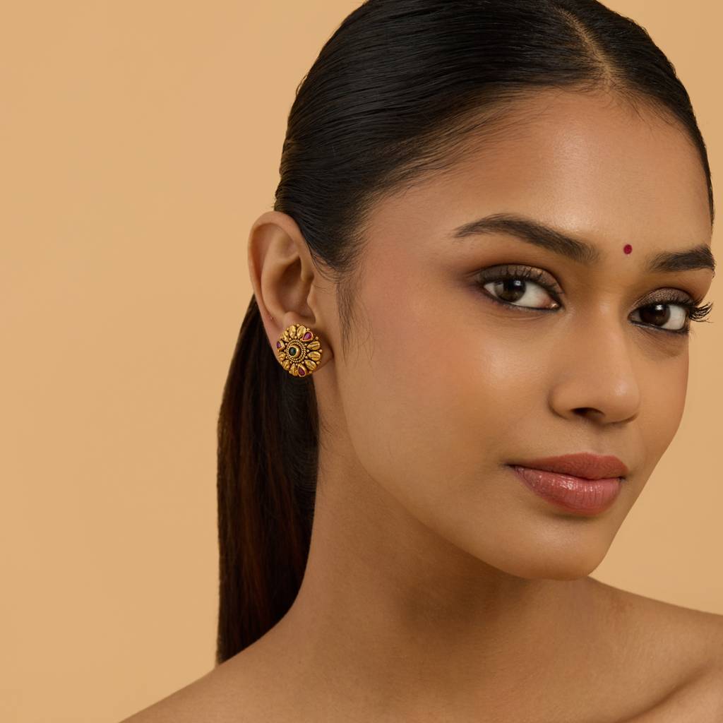 Kushal'S Fashion Jewellery Ruby-Green Oxidised Gold-Plated Ethnic 92.5 Pure Silver Temple Studs-177420 : 425360