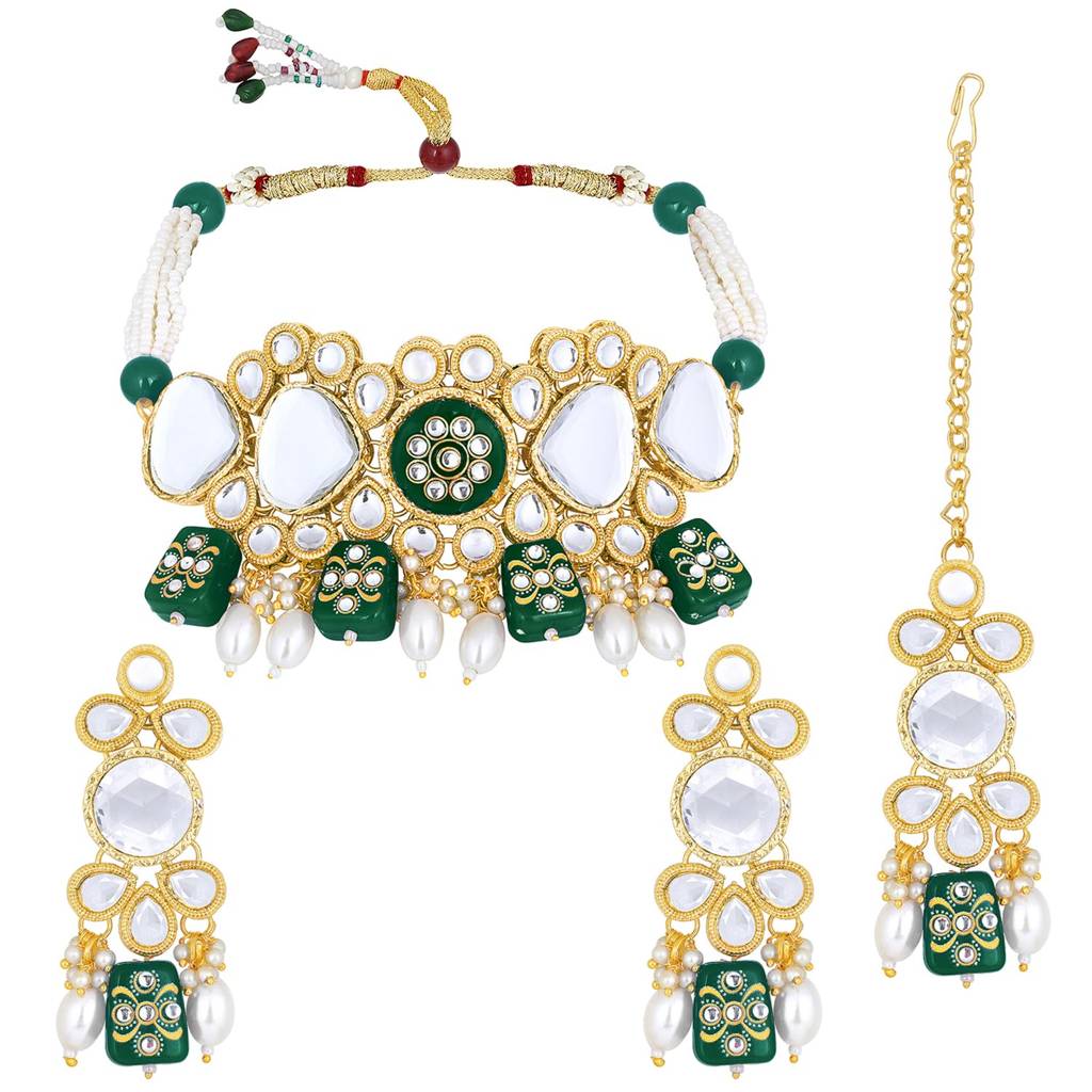 Gold Plated Kundan Beads Studded Choker Necklace Dangle Earrings & Maangtikka Set Ethnic Fashion Jewellery Gift Fo : PF25N080G