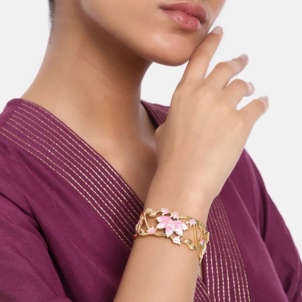 Estele Gold Plated Pink Enamel Lotus Designer Gorgeous Cuff Bracelet For Girl'S & Women : AD-059-IGBR