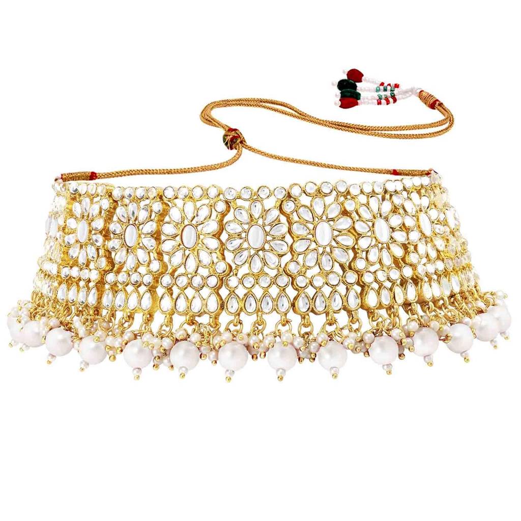 Gold Plated Kundan Studded Choker Necklace Earrings & Maang Tikka Set Wedding Jewellery Set For Girls & Women (White) : PF24N14W