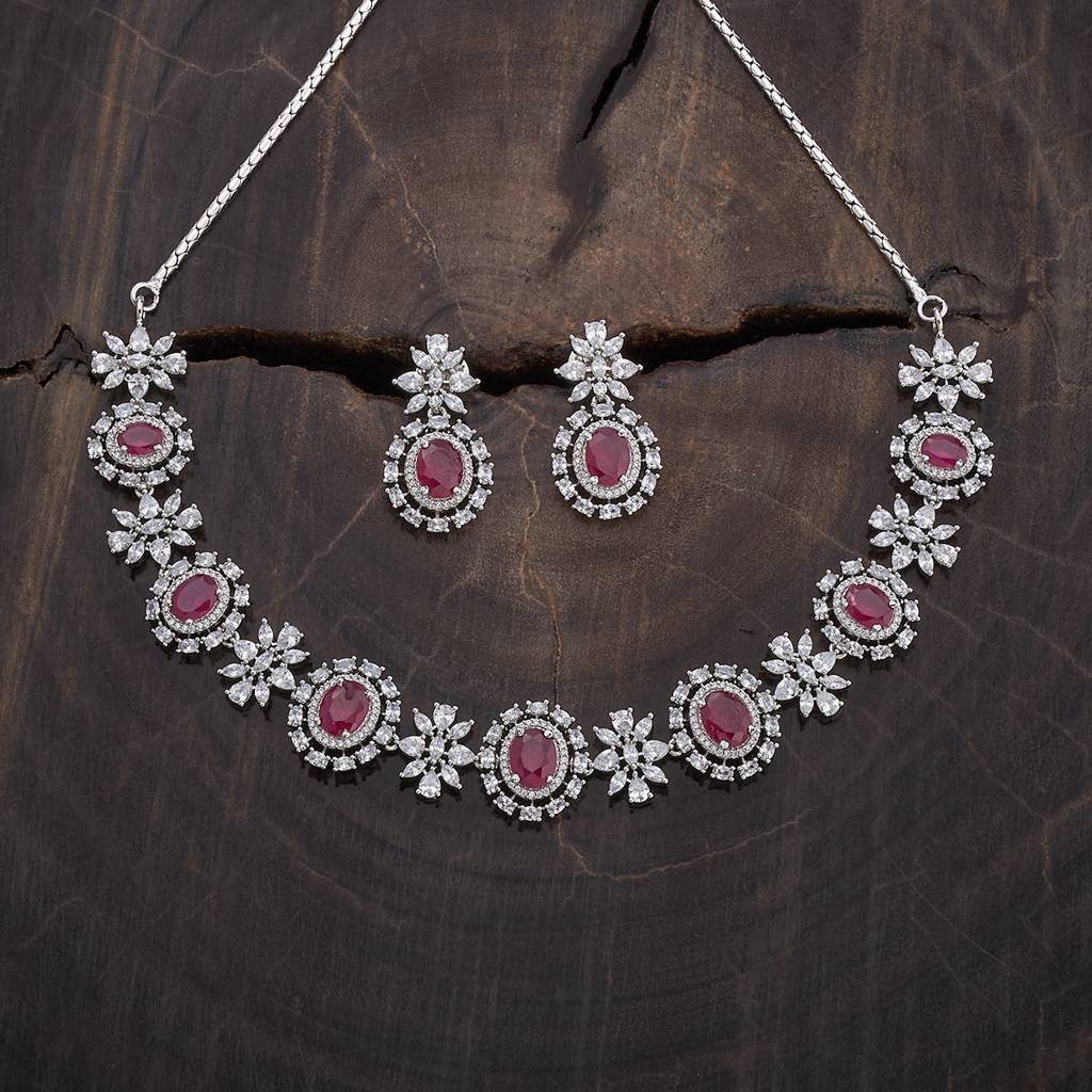 Kushal'S Fashion Jewellery Rhodium-Plated Ruby & Cubic Zirconia Studded Jewellery Set-177108 : 424540