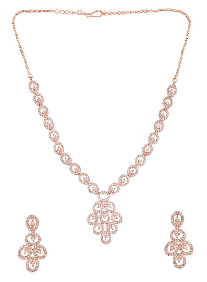 Sparkling Elegance Heavily Embellished Rose Gold Plated Jewellery Set : 8905124499797