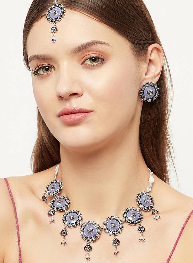 Arabian Nights Floral Motifs Faux Pearls Brass Oxidised Plated Maang Tika Set : 8905124444537