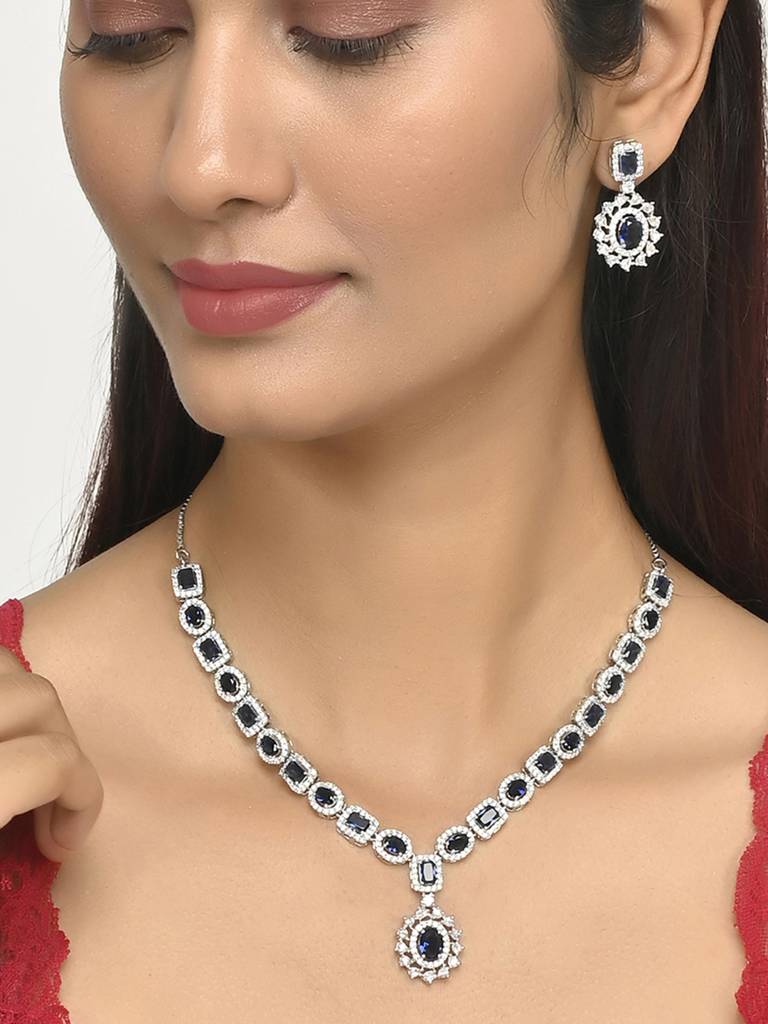 Sparkling Elegance Royal Blue And White Cz Brass Silver Plated Jewellery Set : 8905124472356