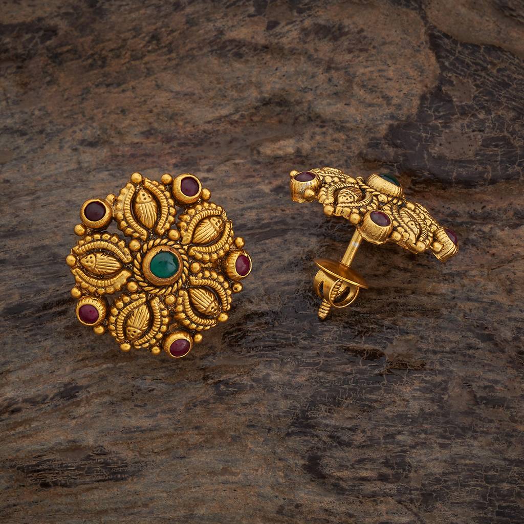 Kushal'S Fashion Jewellery Ruby-Green Oxidised Gold-Plated Ethnic 92.5 Pure Silver Temple Studs-177418 : 425358