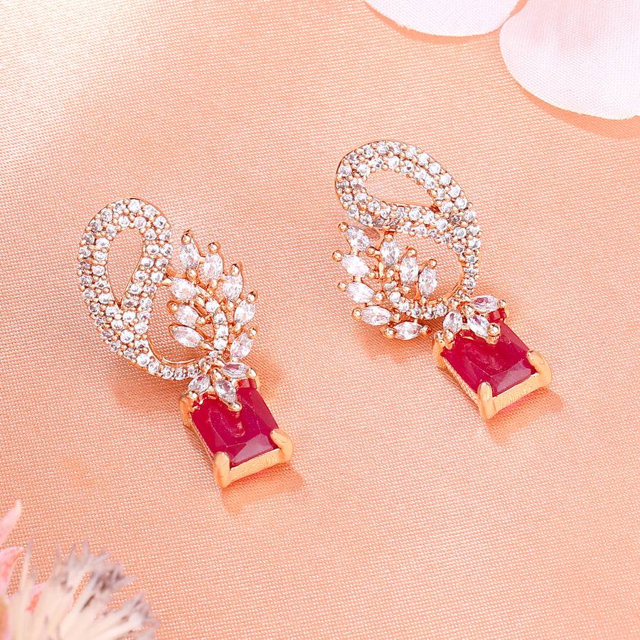 Estele Rose Gold Plated Cz Peacock Designer Earrings With Ruby & White Stones For Women : AD-114716-RGRBER