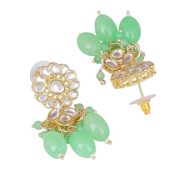 Estele Gold Plated Flower Designer Gehena Drop Earrings With Mint Green Beads For Women : PJ-003-IGMGER