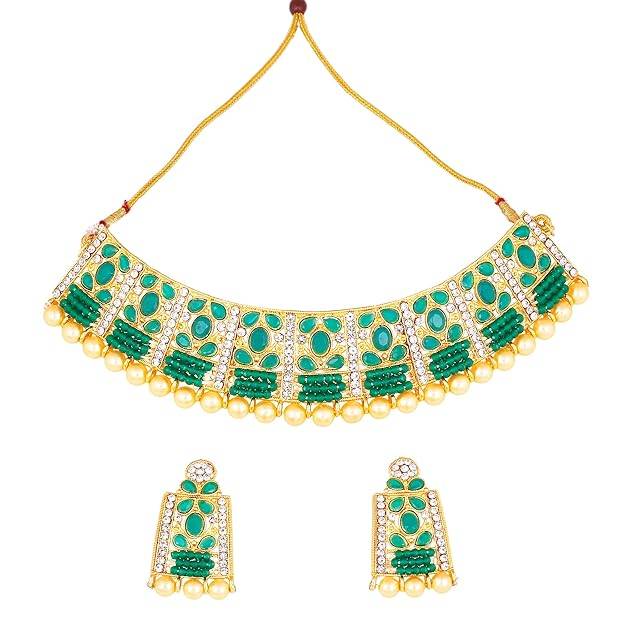 Estele Gold Plated Alluring Gehena Necklace Set & Maang Tikka With Green Stones For Women : PJ-042-IGGNNKERTK