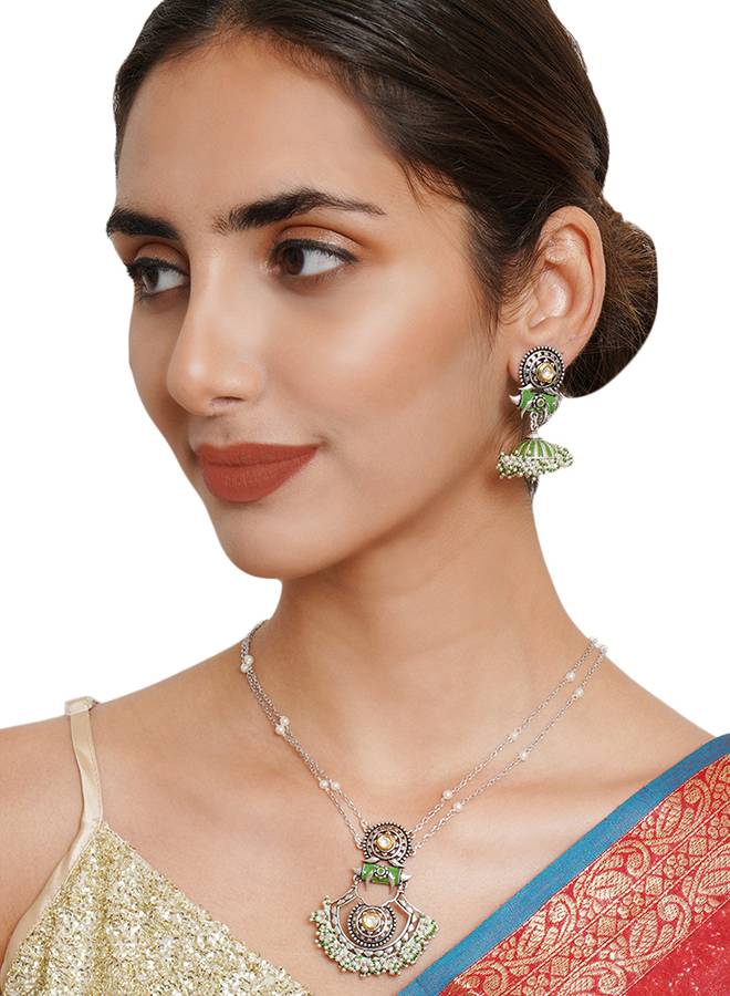 Festive Hues Green Enamel Faux Pearls Adorned Brass Silver Plated Jewellery Set : 8905124466478