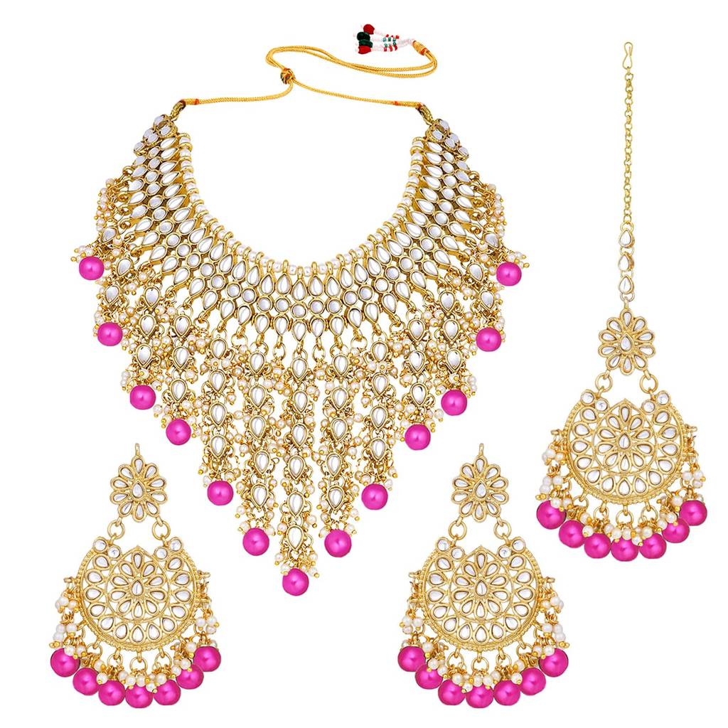 Traditional Kundan & Pearl Drop Bridal Dulhan Necklace Earring With Maang Tikka Jewellery Set For Women Girls-Pf : PF25N1177RP