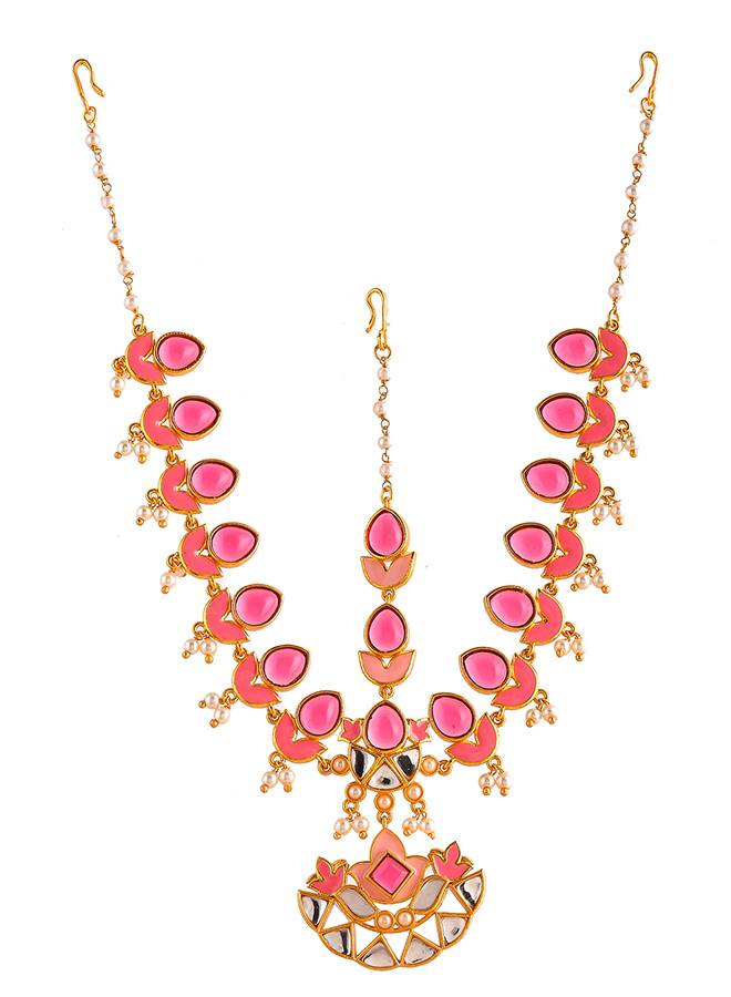 Forever More Pink Stones And Pearls Enamelled Floral Maang Tika : 8905124498011