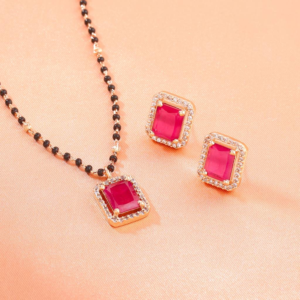 Estele Rose Gold Plated Cz Square Designer Mangalsutra Necklace Set With Ruby Stone For Women : ADMS041-RGRBNKER