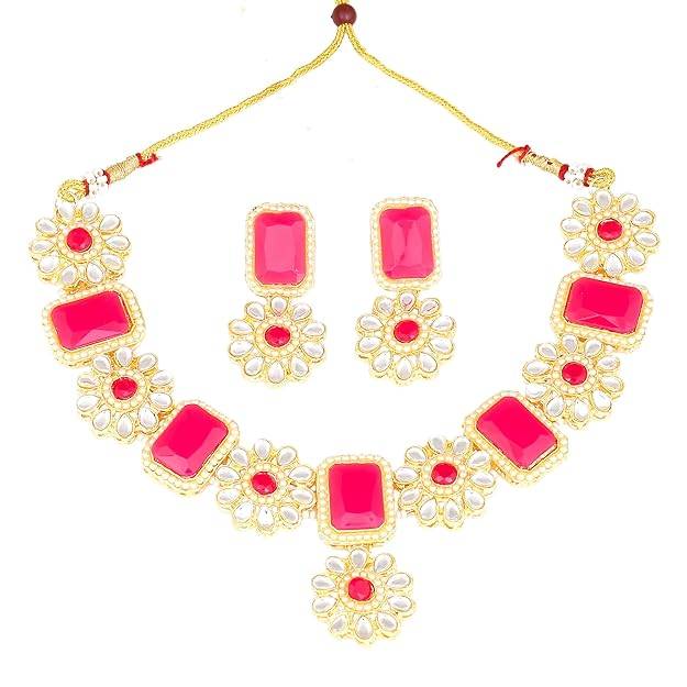 Estele Gold Plated Fascinating Designer Gehena Necklace Set With Ruby Stone For Women : PJ-026-IGRBNKER