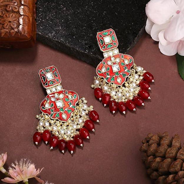 Estele Gold Plated Splendid Designer Gehena Earrings With Red Enamel & Beads For Women : PJ-014-IGRBER