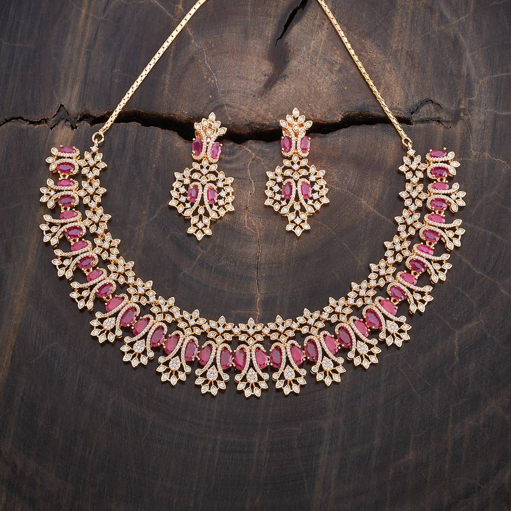 Kushal'S Fashion Jewellery Ruby Gold-Plated Cubic Zirconia Studded Jewellery Set-178623 : 427678