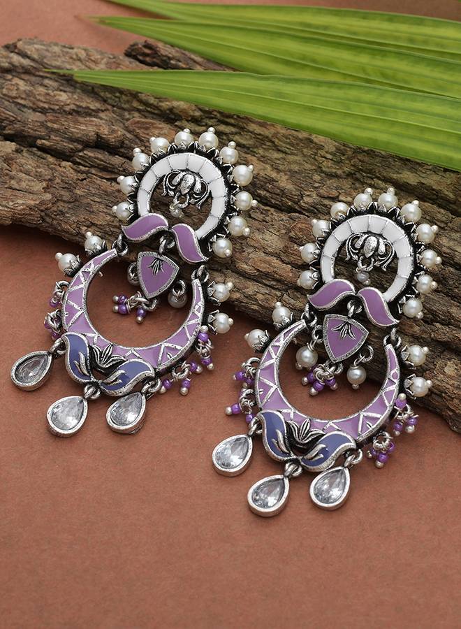 Shwet Kamal Floral Motifs Faux Pearls And Kundan Adorned Silver Plated Earrings : 8905124464474
