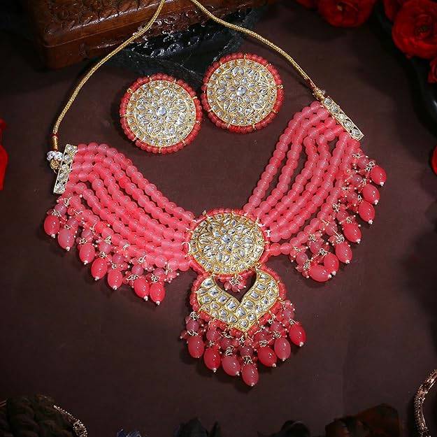 Estele Gold Plated Enchanting Gehena Necklace Set With Mint Pink Beads For Women : PJ-048-IGMPNKER