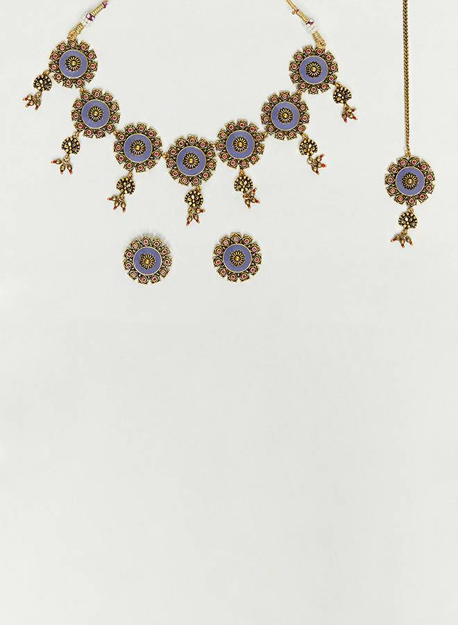 Arabian Nights Blue Enamel Faux Pearls Brass Antique Gold Plated Maang Tika Set : 8905124444544