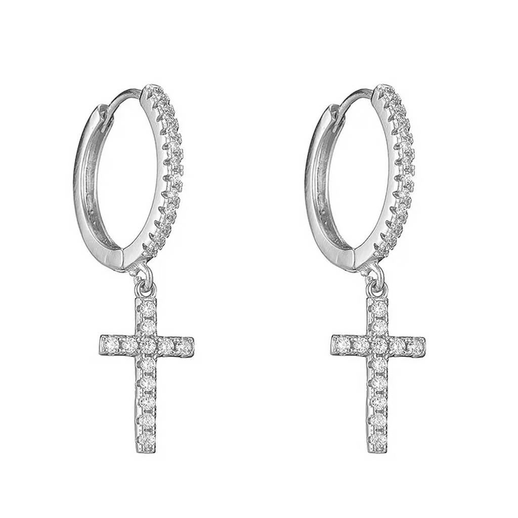 Silver Plated Cubic Zirconia Studded Fancy Hoop Closure Cross Shape Drop Earrings Fashion Jewellery For Women : PX8E247