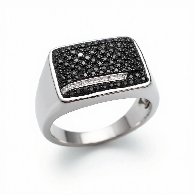 Elegant Men'S Black White Moissanite Signet Ring Elegant Men'S