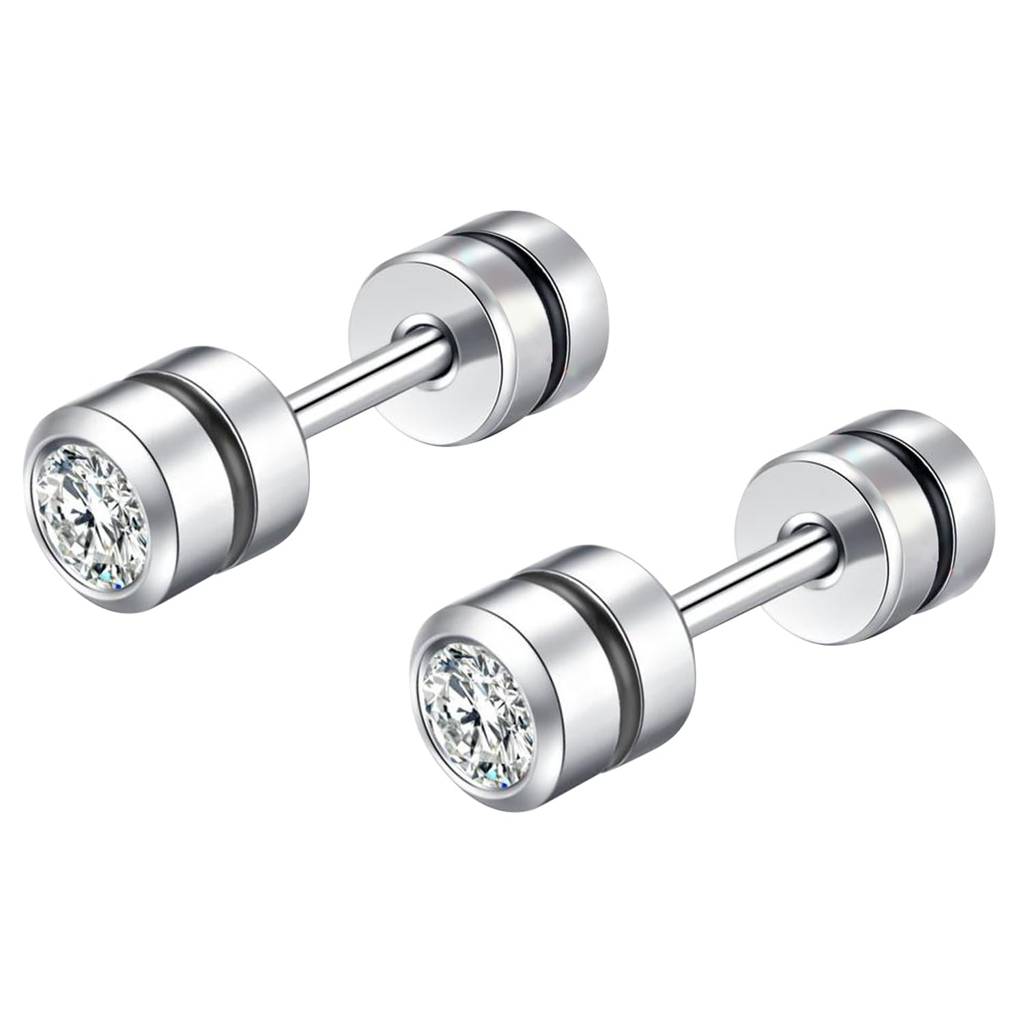 Silver Plated 316L Stainless Steel Cubic Zirconia Studded Stud Earrings Jewellery Gift For Boys & Men (1 Pair) : PX9ME46