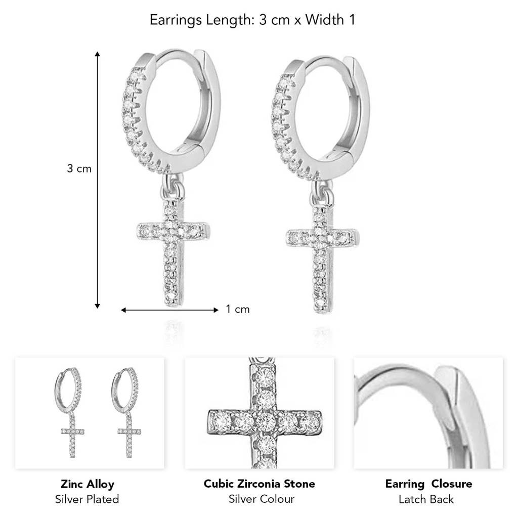 Silver Plated Cubic Zirconia Studded Fancy Hoop Closure Cross Shape Drop Earrings Fashion Jewellery For Women : PX8E247
