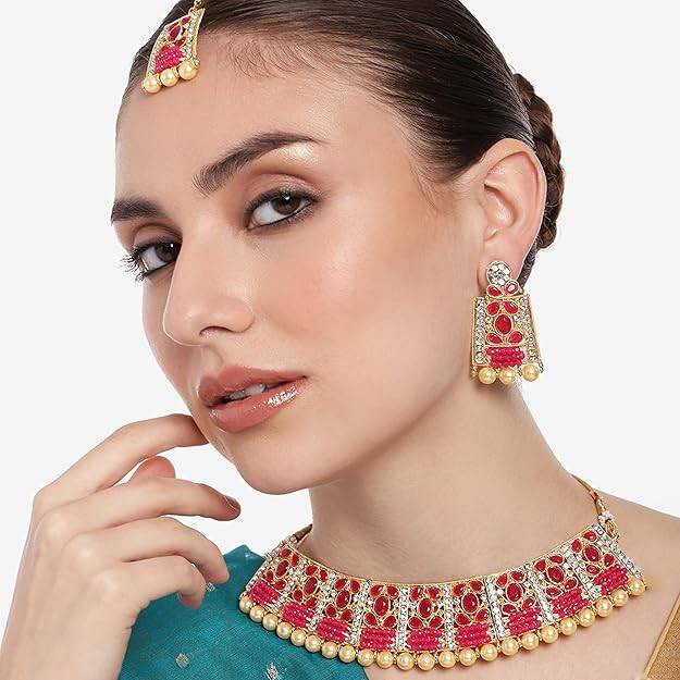 Estele Gold Plated Alluring Gehena Necklace Set & Maang Tikka With Pink Stones For Women : PJ-042-IGPNNKERTK