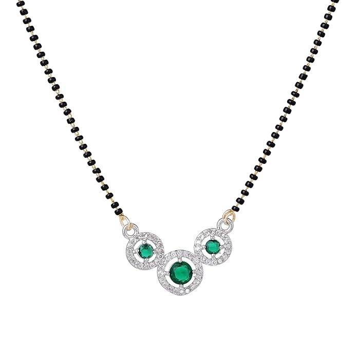 Gold & Rhodium Plated Mesmerizing Trio Circular Pendant Mangalsutra Chain With Black Beads & Green Crysta : OSAKMS007-2TNGNNK