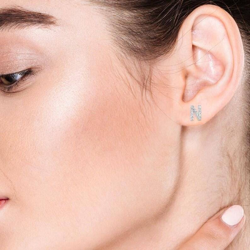 925 Silver N Initial Stud Earrings | Dainty Cz Letter Earrings Personalized Jewelry Gift : SE_000707